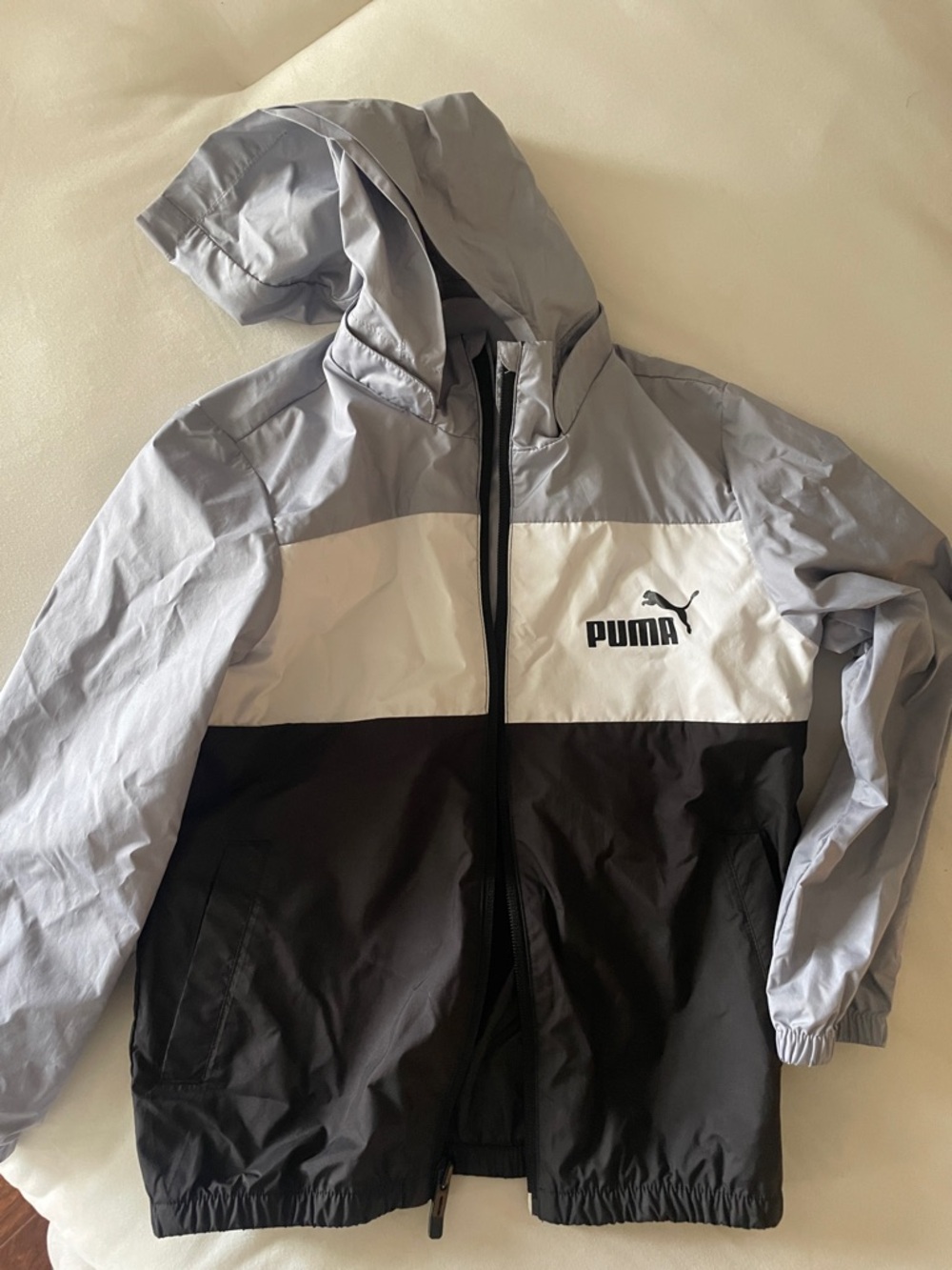 Puma Hooded Colorblock Windbreaker - Light Gray, White & Black - KIDS